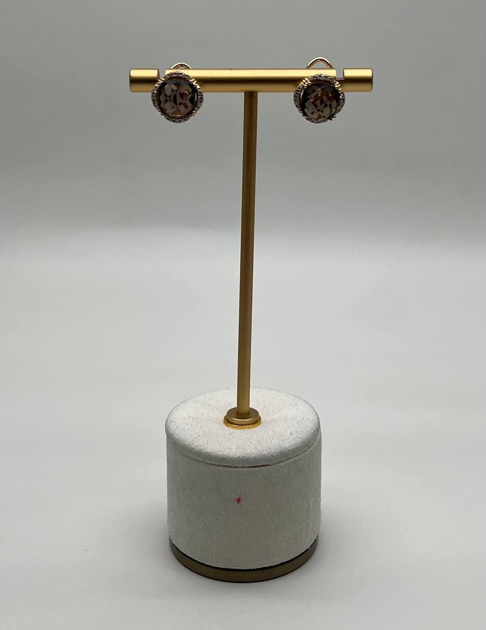 Round Shape Brown Smoky Quartz 14K Yellow Gold Diamonds Halo Set Stud Earrings