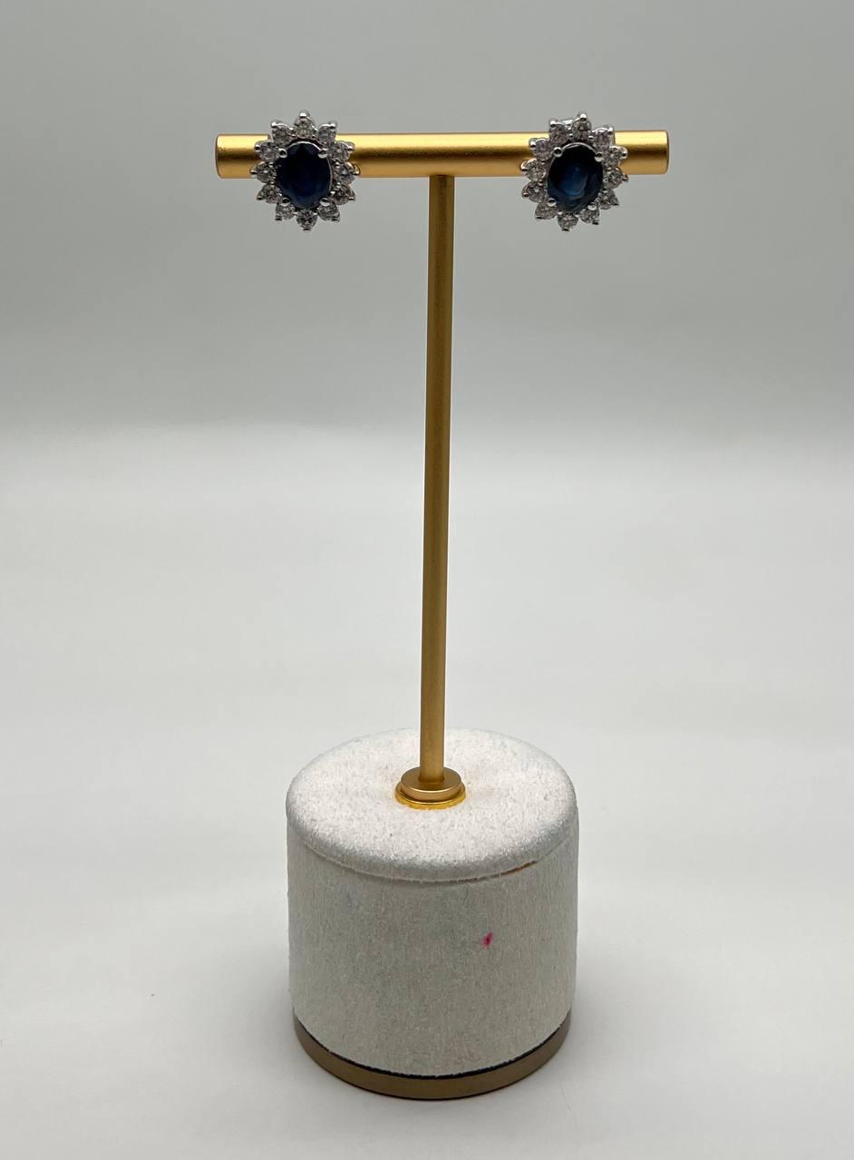 Blue Sapphire White Diamonds Halo Set Starburst 14K White Gold Stud Earrings