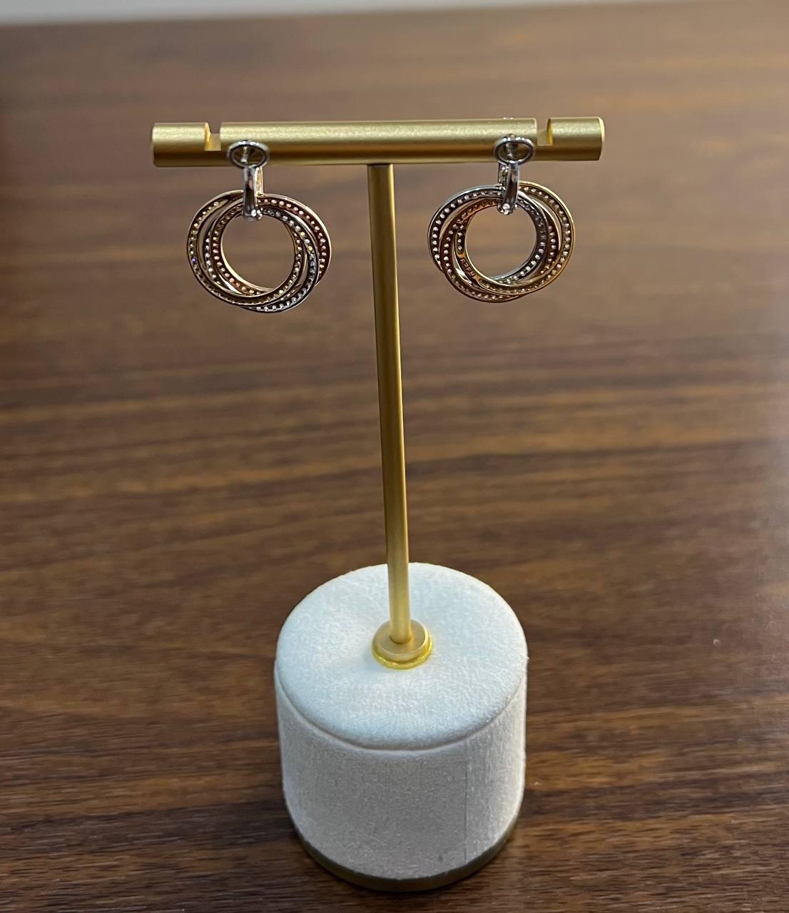 Trinity Tritone Gold Circle Diamond Interlocking Rings 14K Gold Huggie Earrings