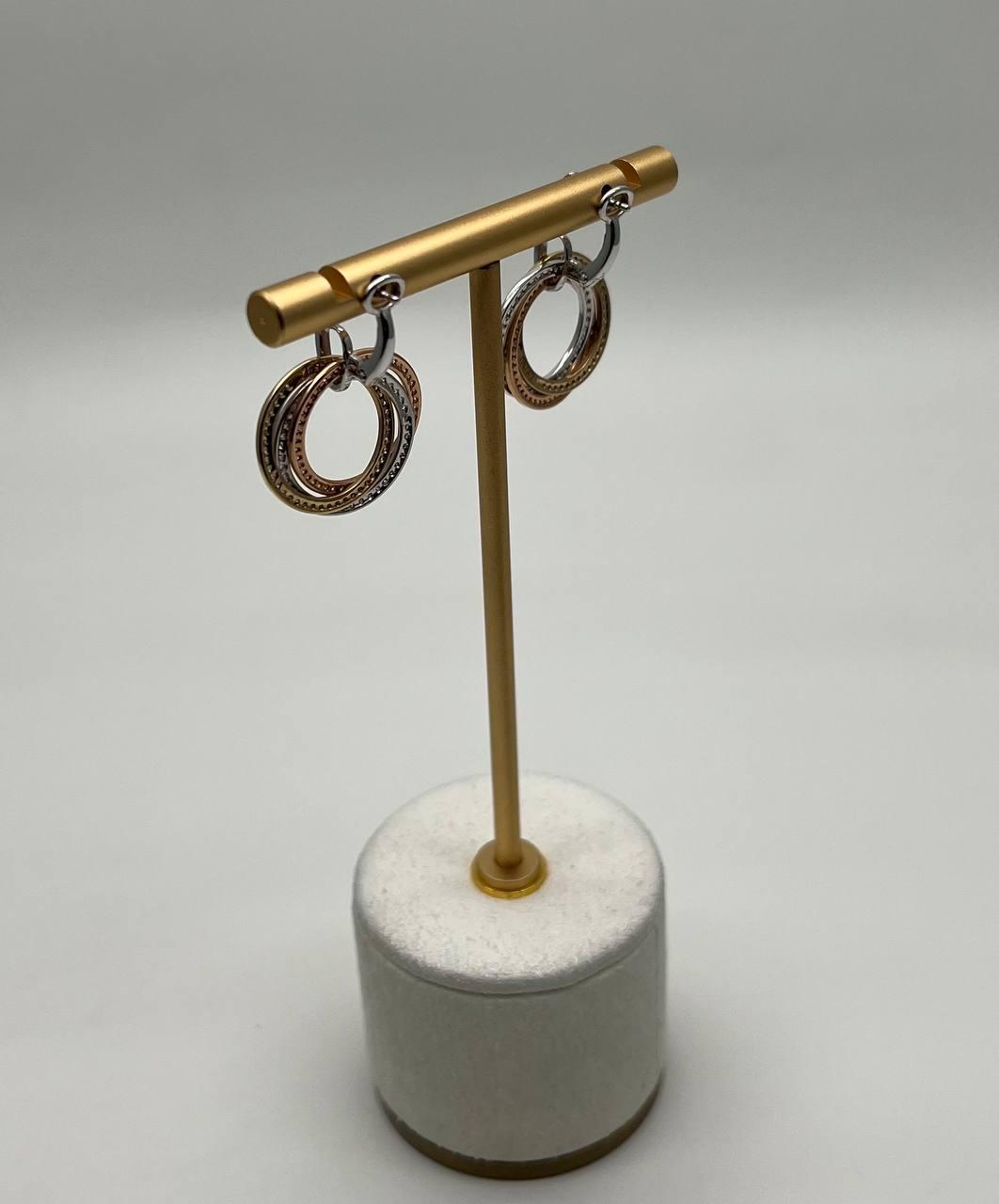 Trinity Tritone Gold Circle Diamond Interlocking Rings 14K Gold Huggie Earrings