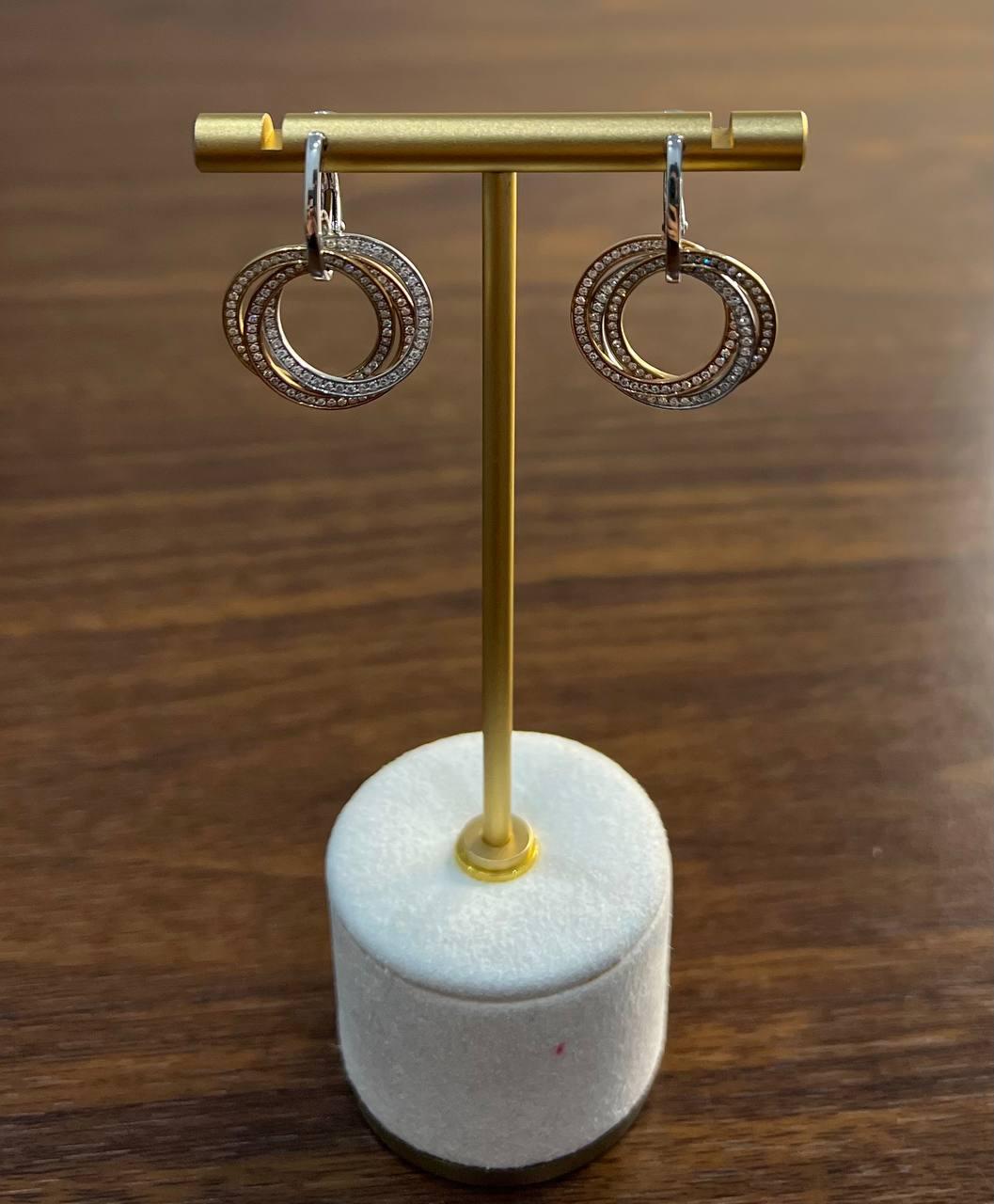 Trinity Tritone Gold Circle Diamond Interlocking Rings 14K Gold Huggie Earrings