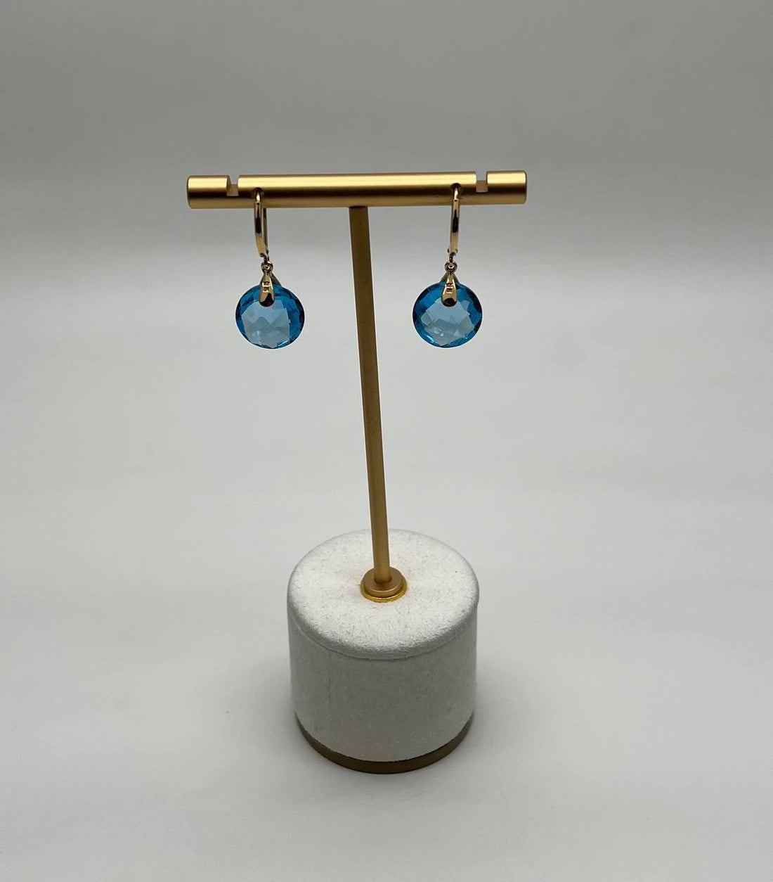 Round Shape Circle Cut Swiss Blue Topaz Diamond 14K Yellow Gold Drop Earrings