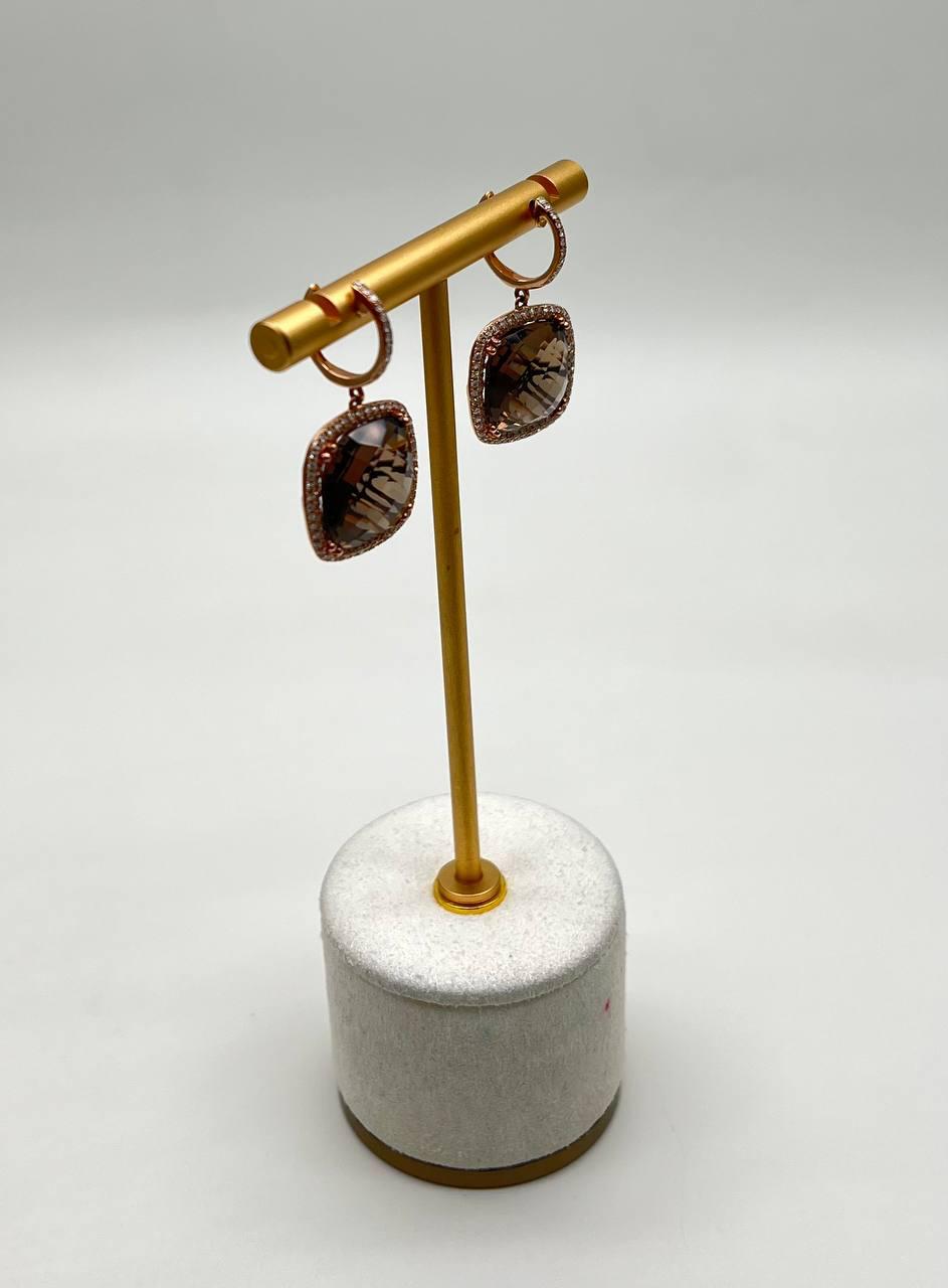 Cushion Shape Brown Smoky Quartz Diamond Halo Set 14K White Gold Drop Earrings