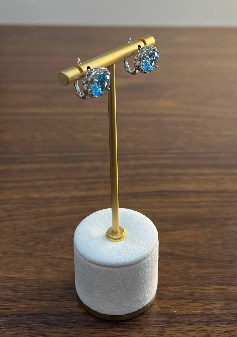 Round Swiss Blue Topaz Diamond Halo 14K White Gold Stud Earrings