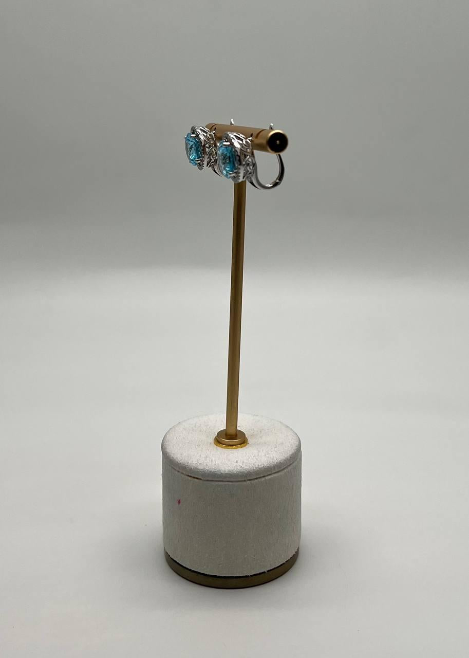 Round Swiss Blue Topaz Diamond Halo 14K White Gold Stud Earrings