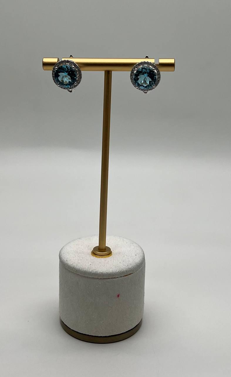 Round Swiss Blue Topaz Diamond Halo 14K White Gold Stud Earrings