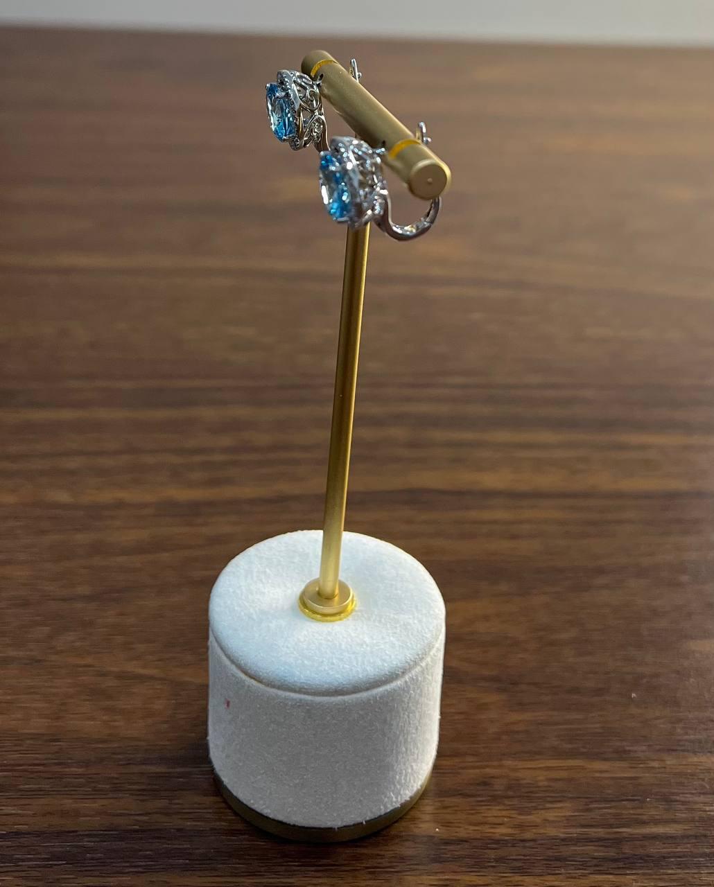 Round Swiss Blue Topaz Diamond Halo 14K White Gold Stud Earrings