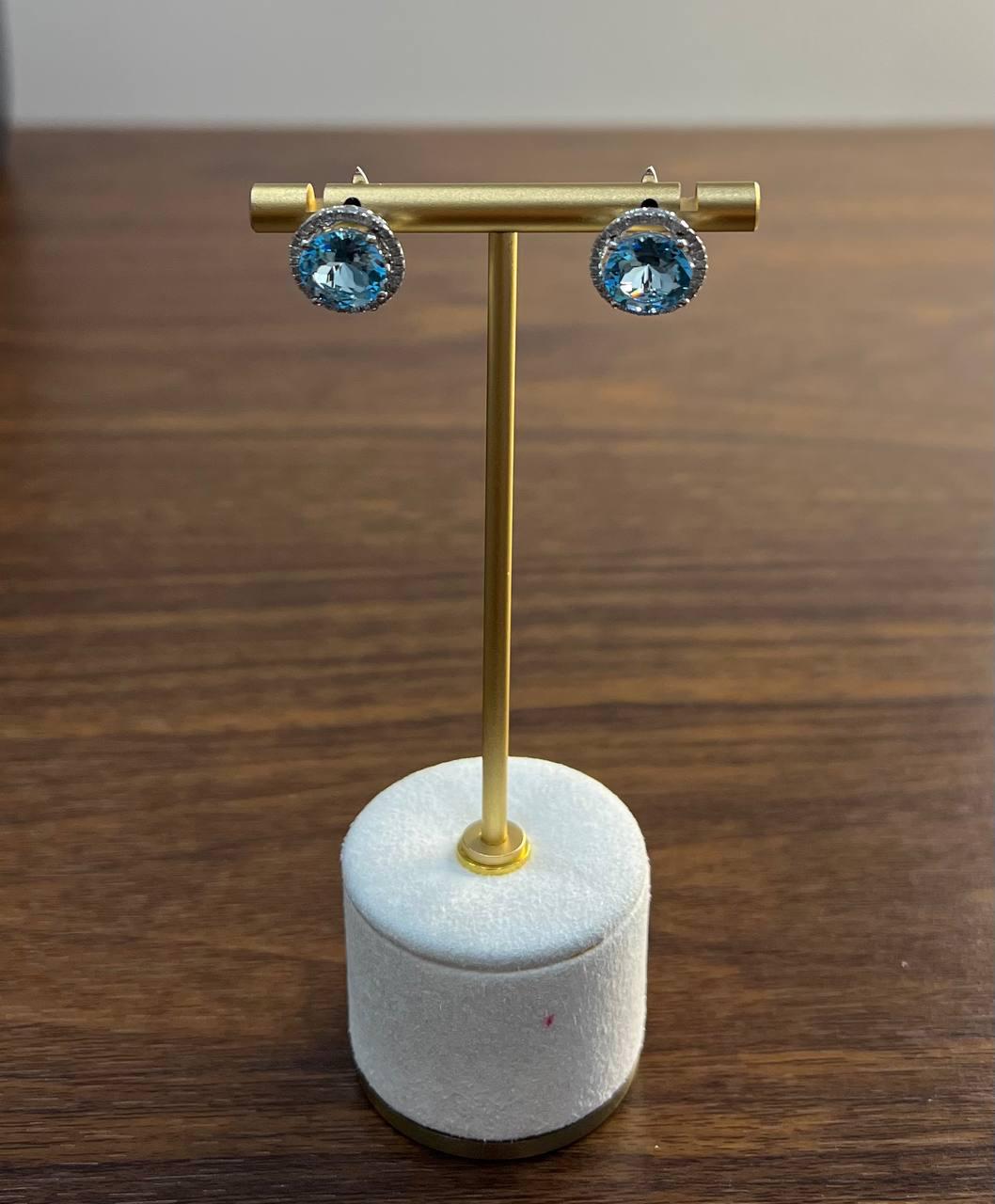 Round Swiss Blue Topaz Diamond Halo 14K White Gold Stud Earrings