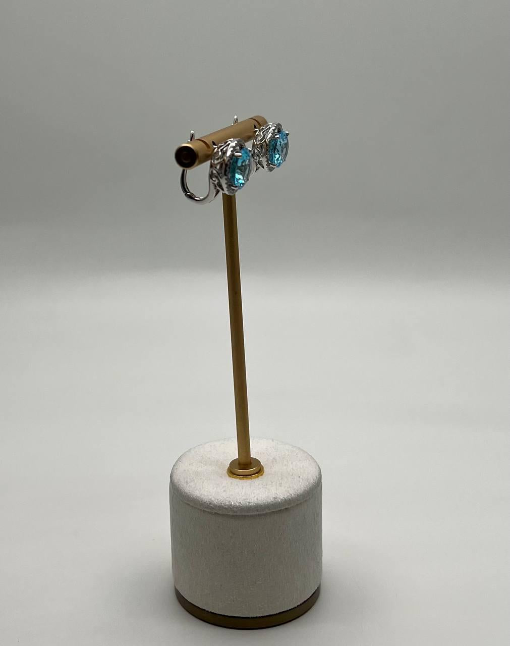 Round Swiss Blue Topaz Diamond Halo 14K White Gold Stud Earrings