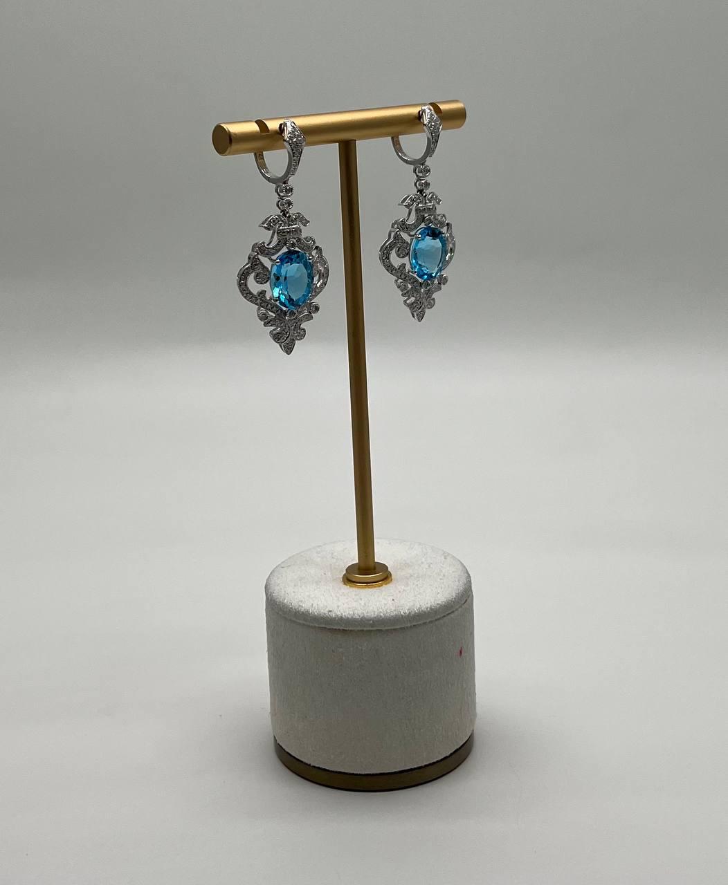 Swiss Blue Topaz White Diamonds 14K White Gold Statement Scroll Earrings