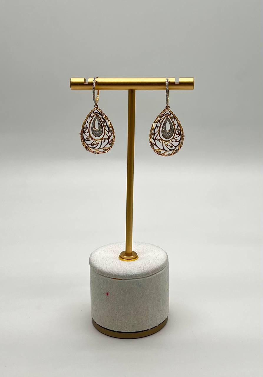 Diamond Pave Natural Floral Inspired Motifs Lattice Branches 14K Gold Earrings