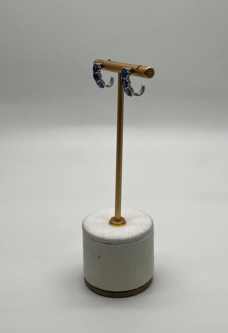 Round Blue Sapphire 14K White Gold Statement Small Huggie Hoops Earrings