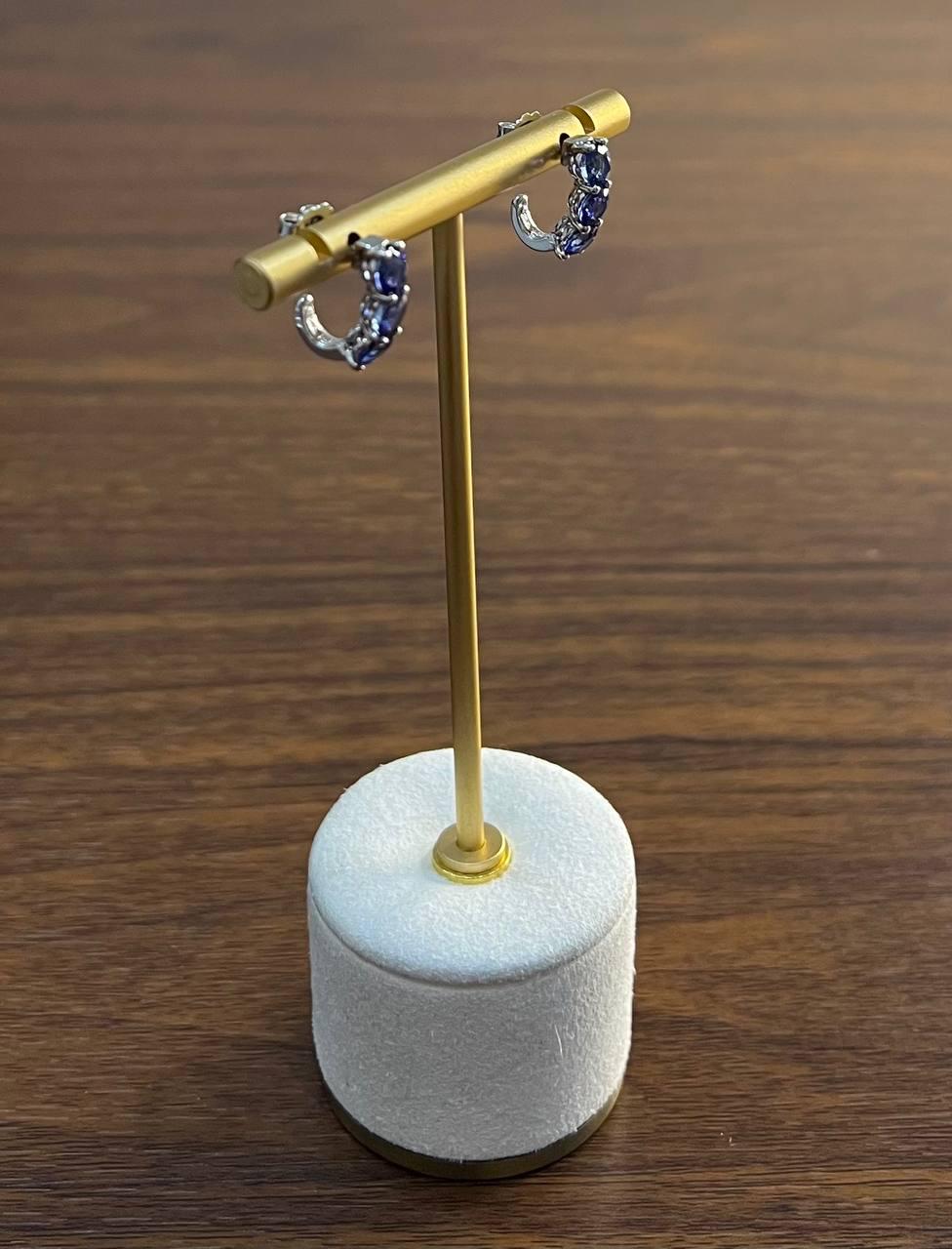 Round Blue Sapphire 14K White Gold Statement Small Huggie Hoops Earrings