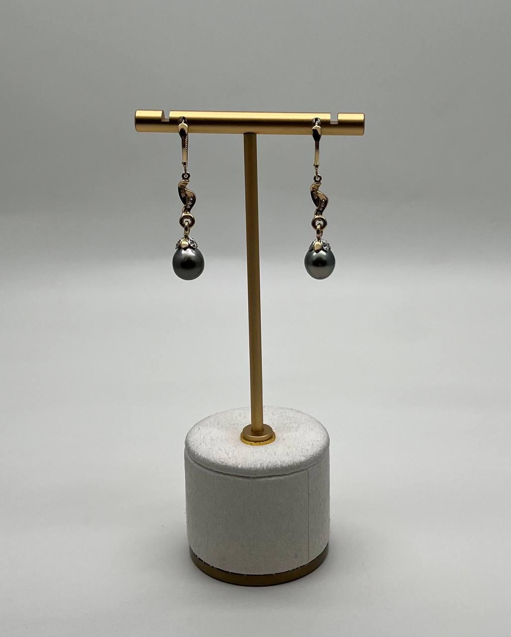 Silvery Grey Black Tahitian Pearl 14K Yellow Gold Diamond Drop Dangle Earrings