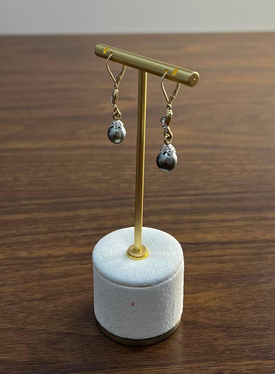 Silvery Grey Black Tahitian Pearl 14K Yellow Gold Diamond Drop Dangle Earrings