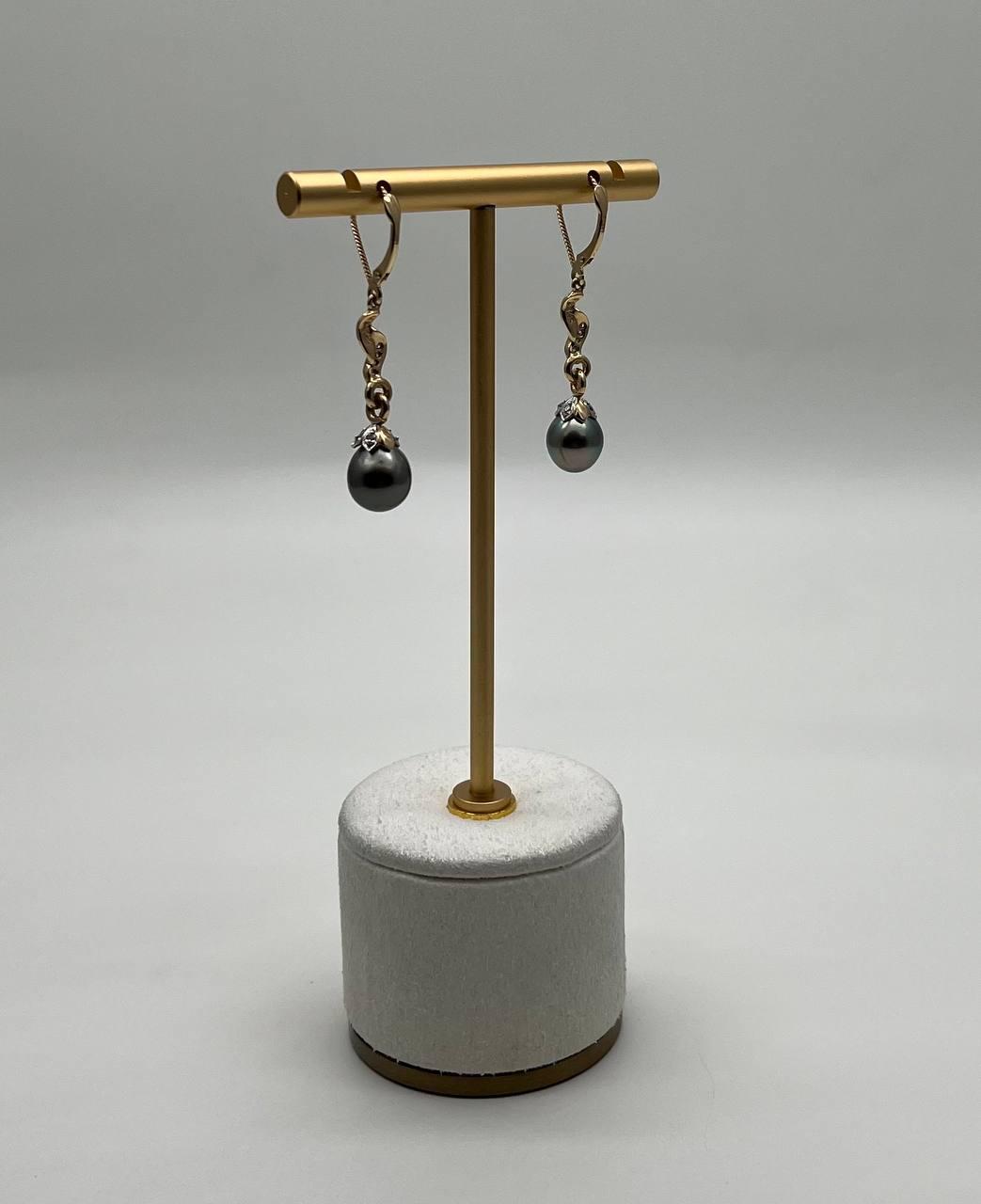 Silvery Grey Black Tahitian Pearl 14K Yellow Gold Diamond Drop Dangle Earrings