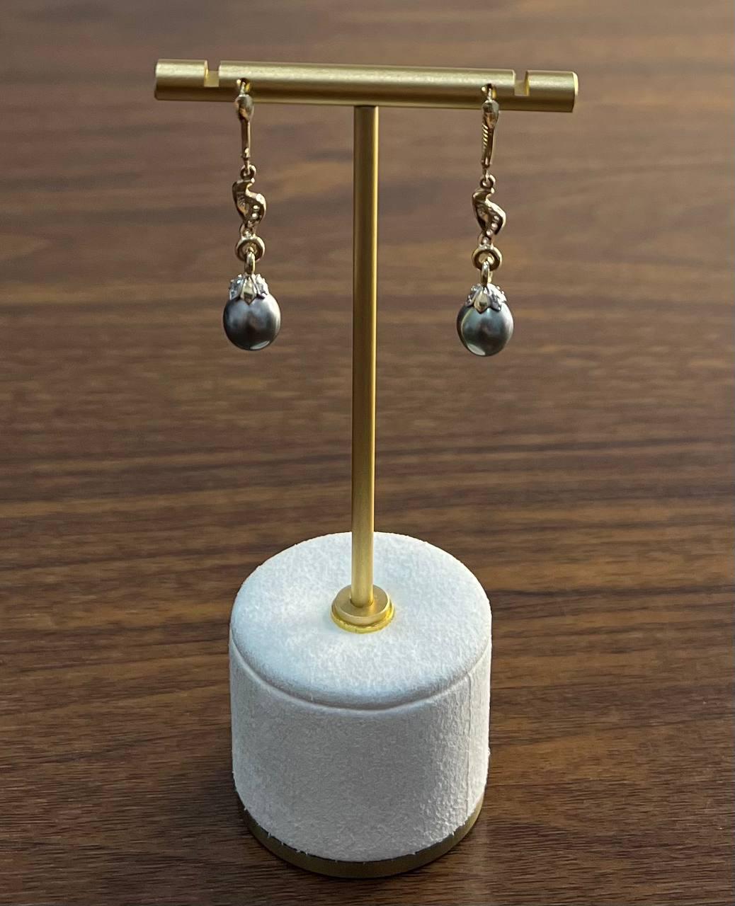 Silvery Grey Black Tahitian Pearl 14K Yellow Gold Diamond Drop Dangle Earrings