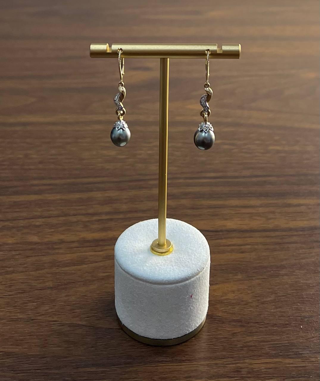 Silvery Grey Black Tahitian Pearl 14K Yellow Gold Diamond Drop Dangle Earrings