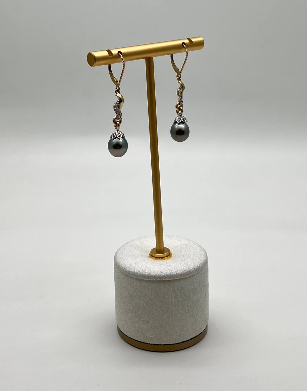 Silvery Grey Black Tahitian Pearl 14K Yellow Gold Diamond Drop Dangle Earrings