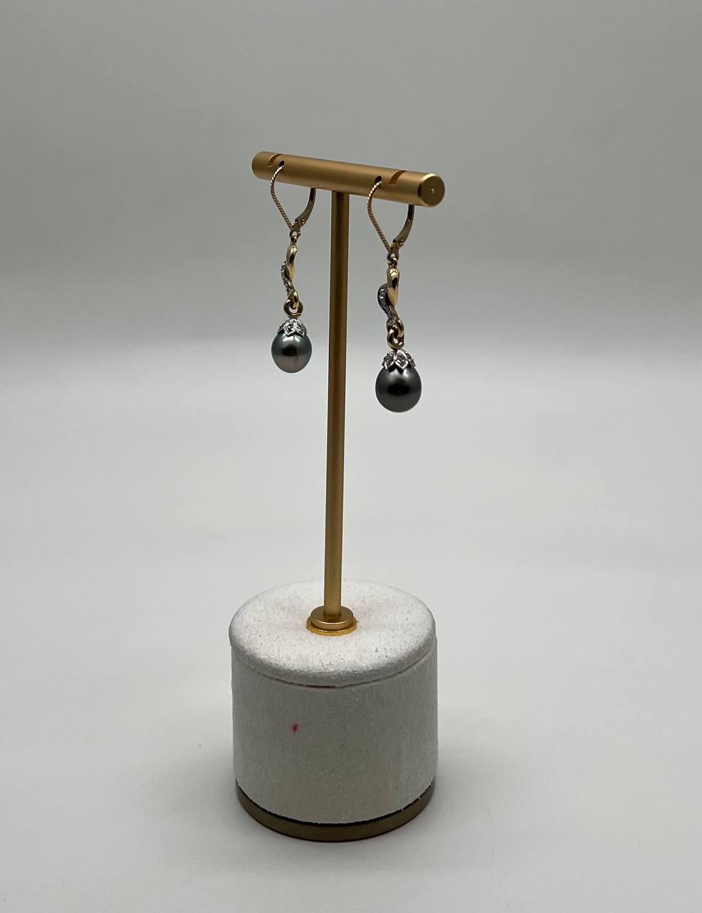 Silvery Grey Black Tahitian Pearl 14K Yellow Gold Diamond Drop Dangle Earrings
