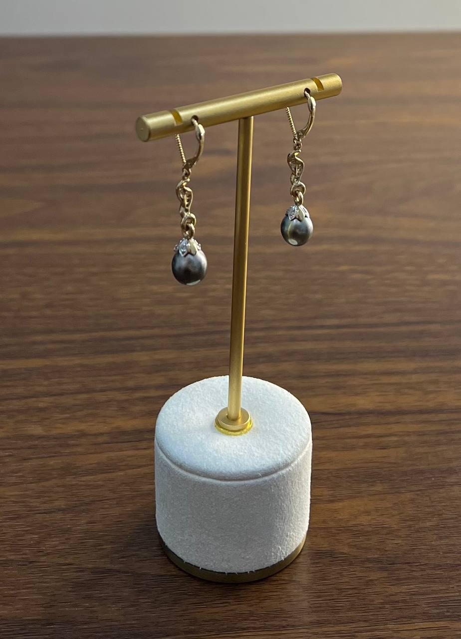 Silvery Grey Black Tahitian Pearl 14K Yellow Gold Diamond Drop Dangle Earrings
