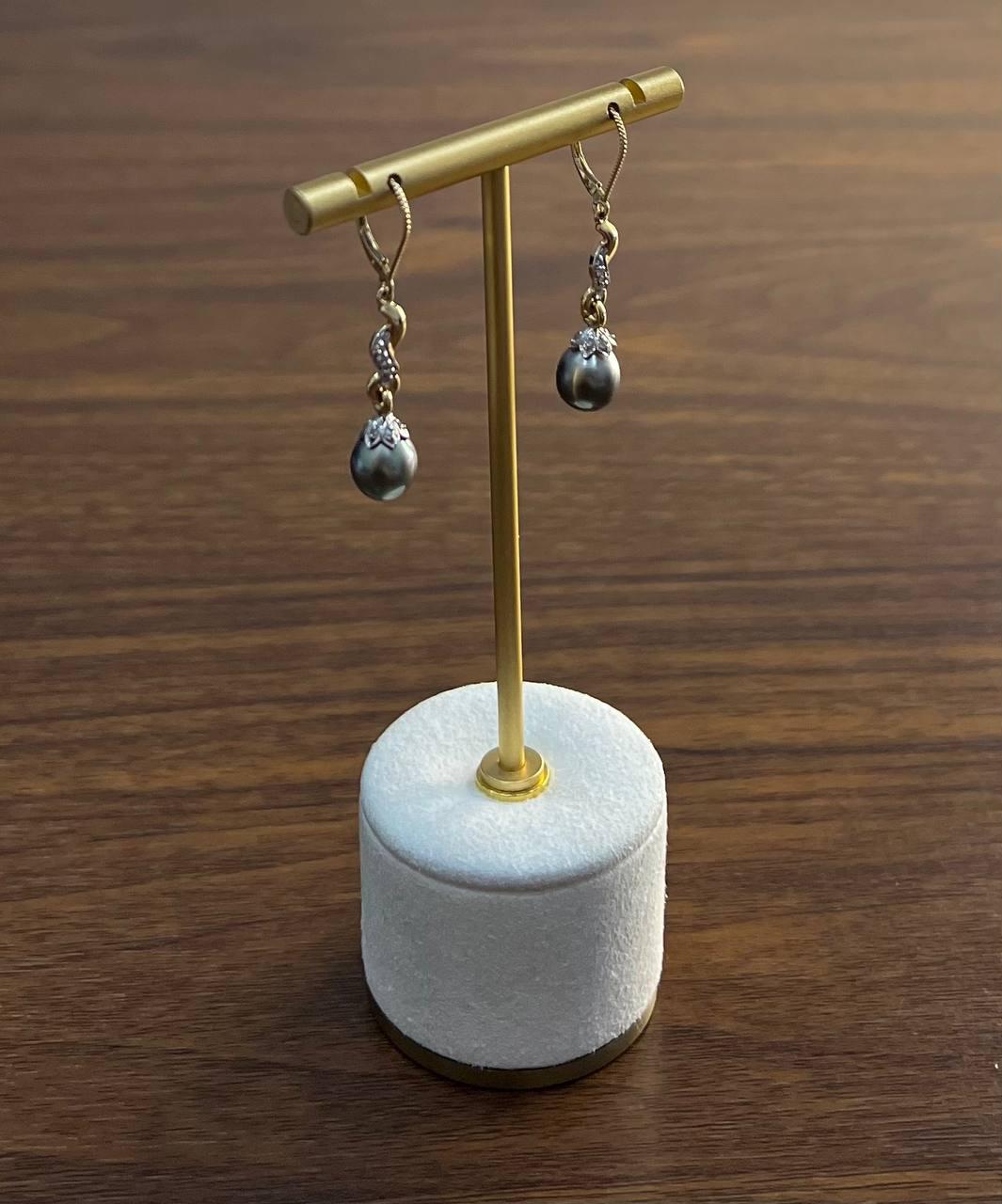 Silvery Grey Black Tahitian Pearl 14K Yellow Gold Diamond Drop Dangle Earrings