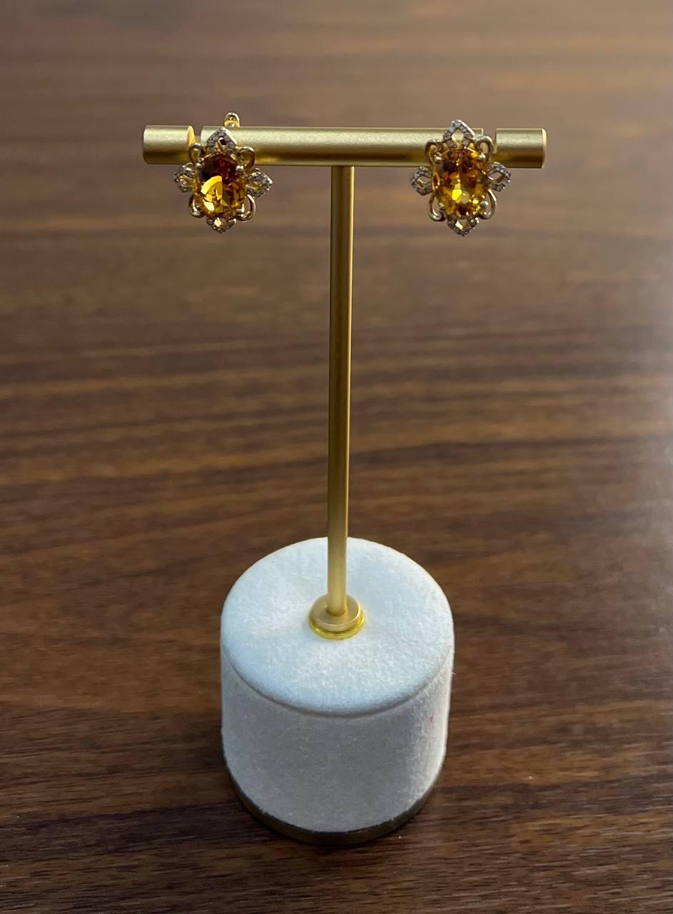 Oval Shape Amber Orange Citrine 14K Yellow Gold Diamond Stud Earrings