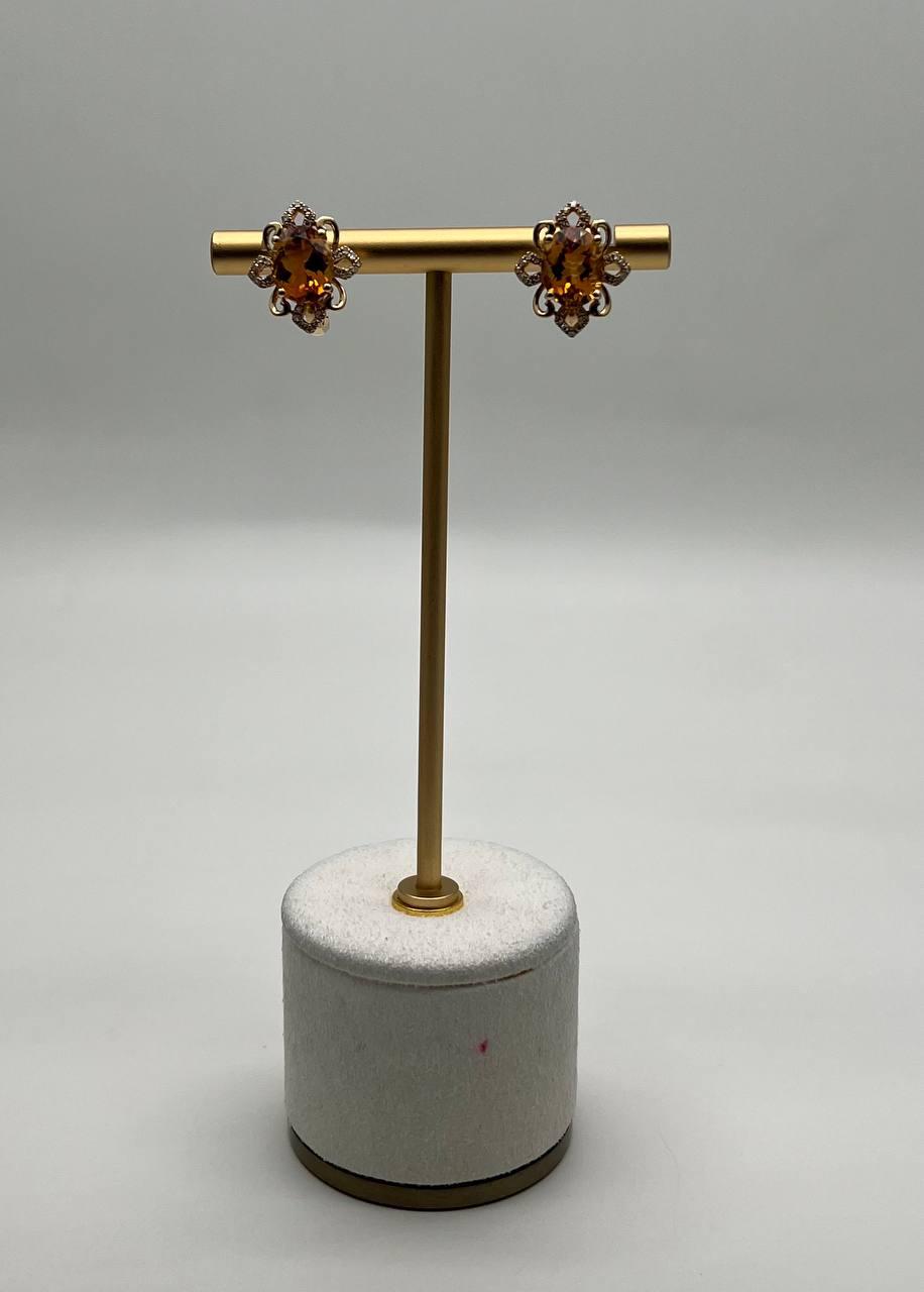 Oval Shape Amber Orange Citrine 14K Yellow Gold Diamond Stud Earrings