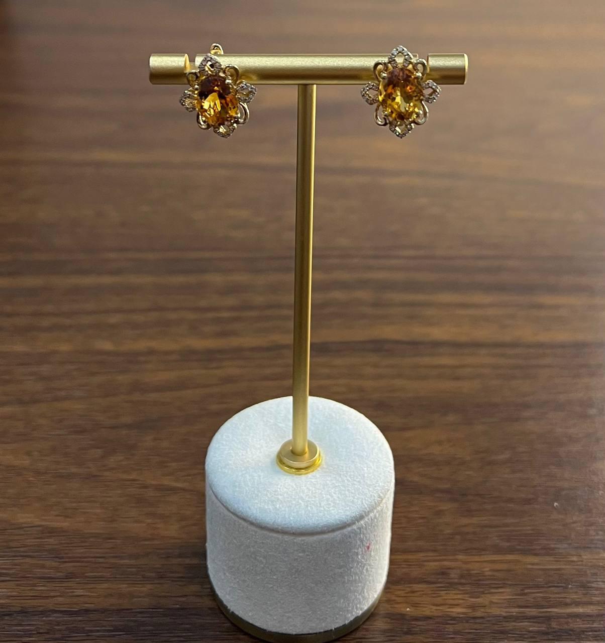 Oval Shape Amber Orange Citrine 14K Yellow Gold Diamond Stud Earrings