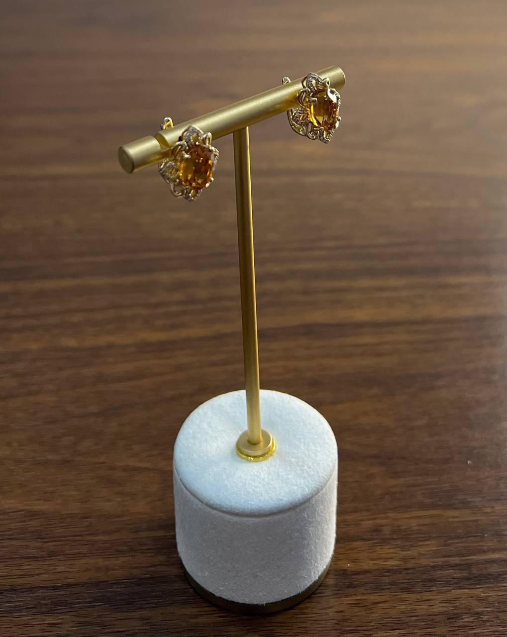 Oval Shape Amber Orange Citrine 14K Yellow Gold Diamond Stud Earrings