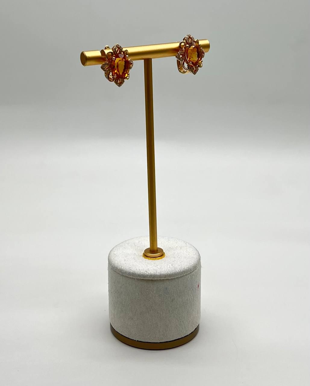 Oval Shape Amber Orange Citrine 14K Yellow Gold Diamond Stud Earrings