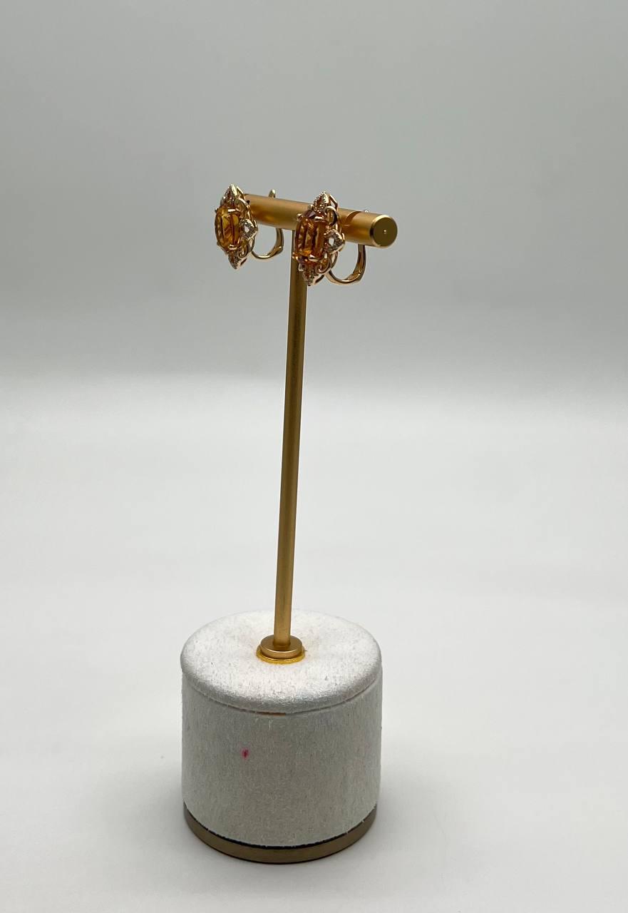 Oval Shape Amber Orange Citrine 14K Yellow Gold Diamond Stud Earrings