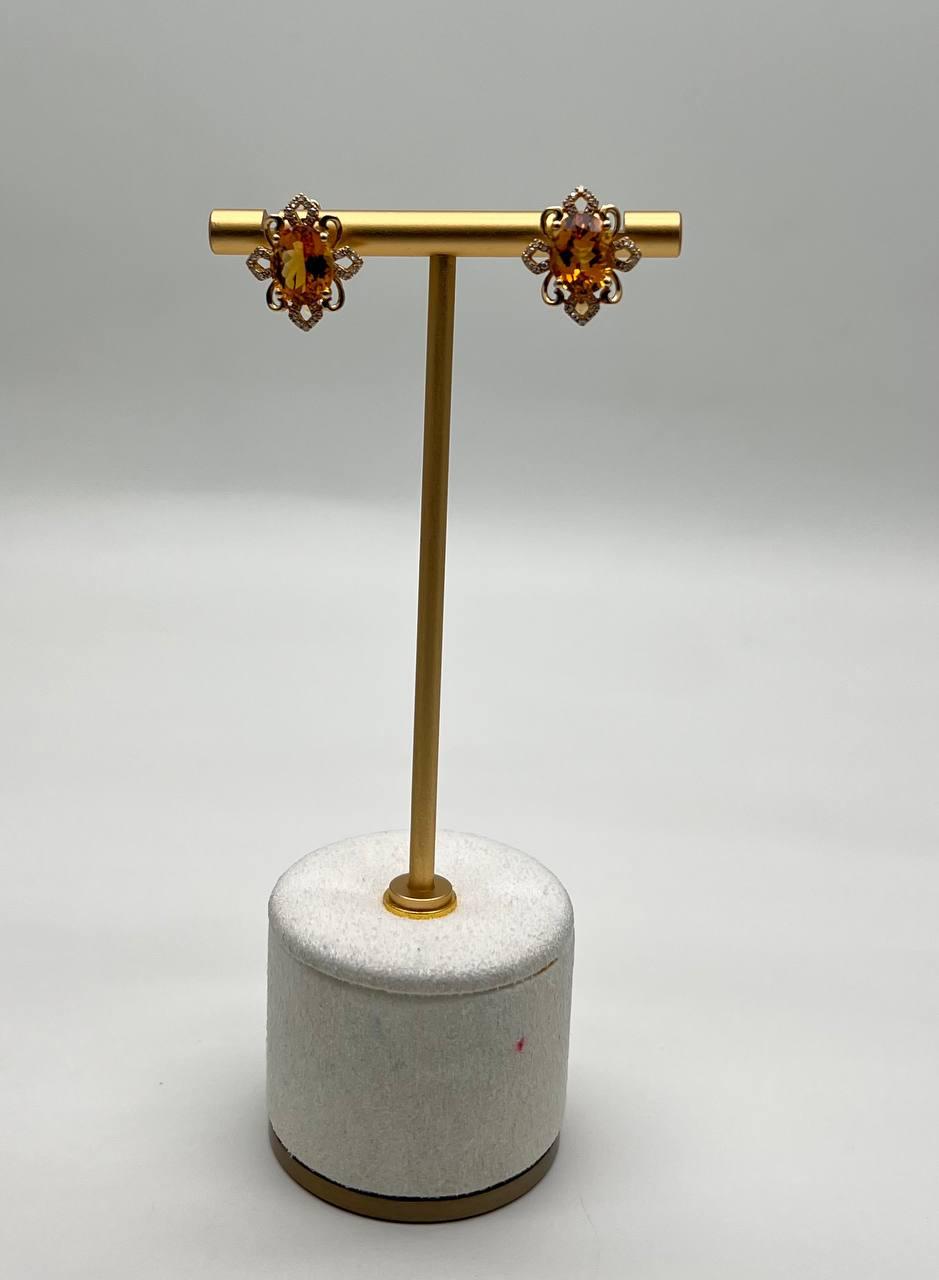 Oval Shape Amber Orange Citrine 14K Yellow Gold Diamond Stud Earrings