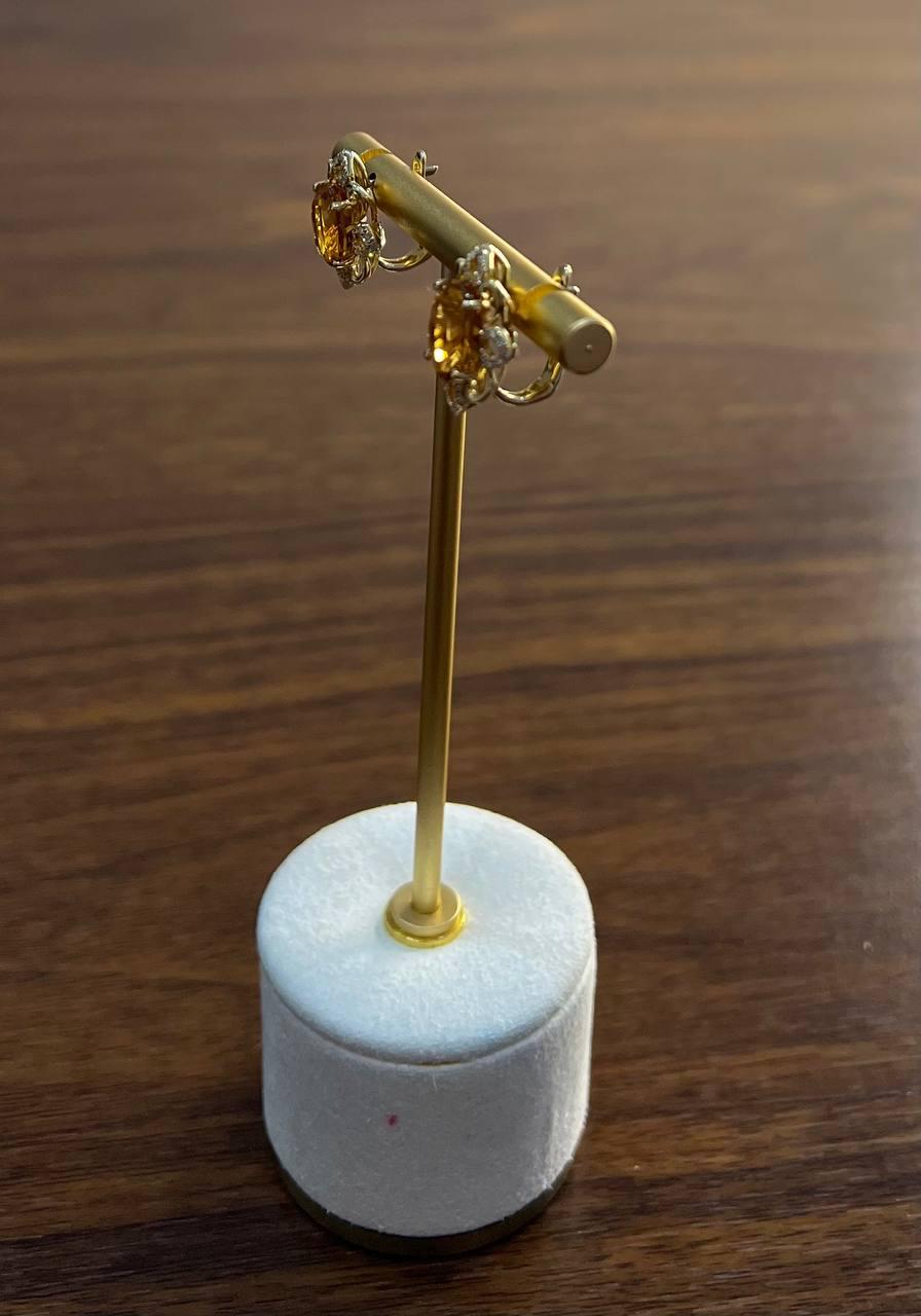 Oval Shape Amber Orange Citrine 14K Yellow Gold Diamond Stud Earrings