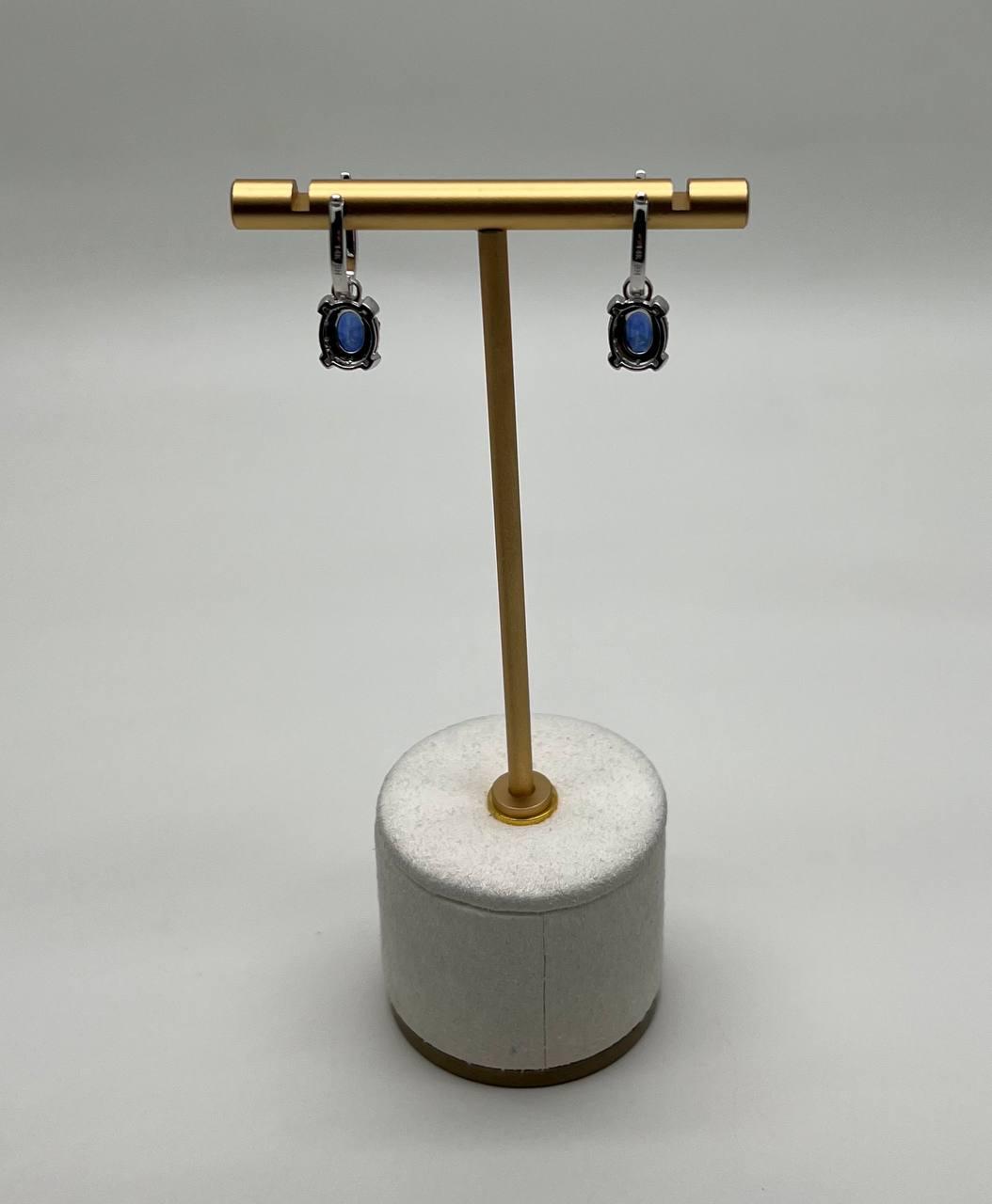 Oval Shape Blue Sapphire 14K White Gold Diamond Halo Huggie Statement Earrings