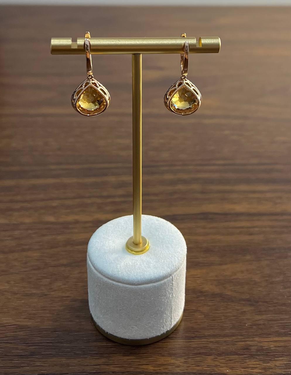 Amber Orange Pear Teardrop Shape Champagne Diamonds Halo 14KGold Dangle Earrings