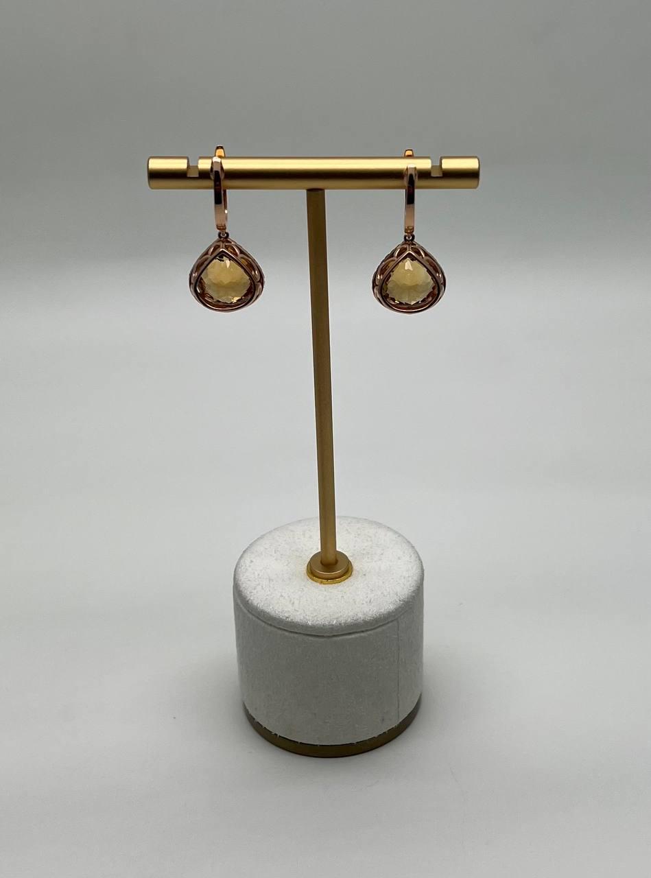 Amber Orange Pear Teardrop Shape Champagne Diamonds Halo 14KGold Dangle Earrings