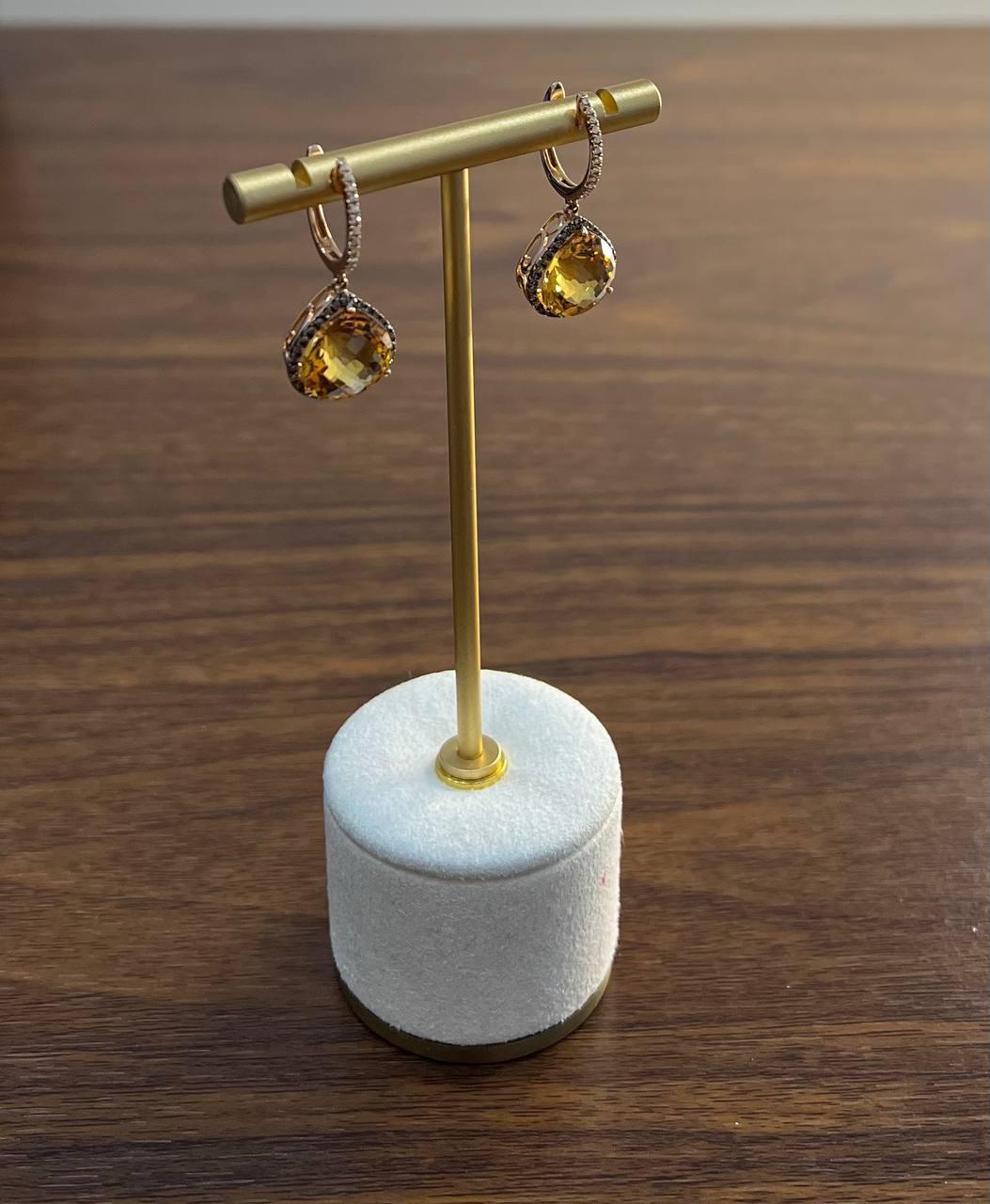 Amber Orange Pear Teardrop Shape Champagne Diamonds Halo 14KGold Dangle Earrings