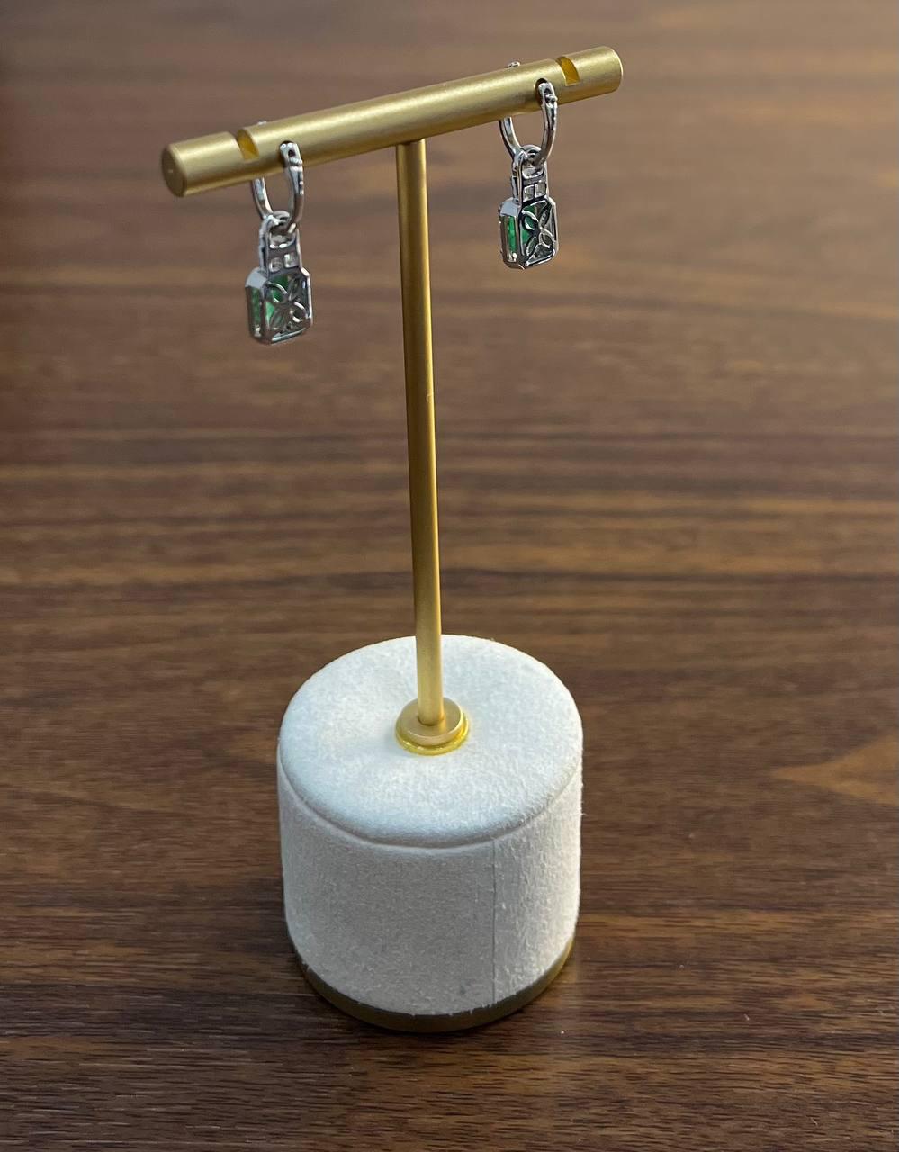 Green Emerald Diamond Halo Set 14K White Gold Statement Drop Earrings