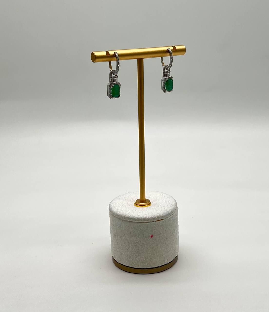 Green Emerald Diamond Halo Set 14K White Gold Statement Drop Earrings
