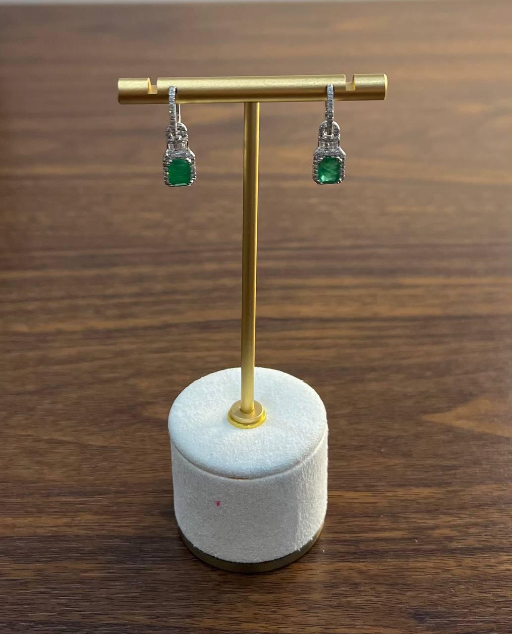 Green Emerald Diamond Halo Set 14K White Gold Statement Drop Earrings
