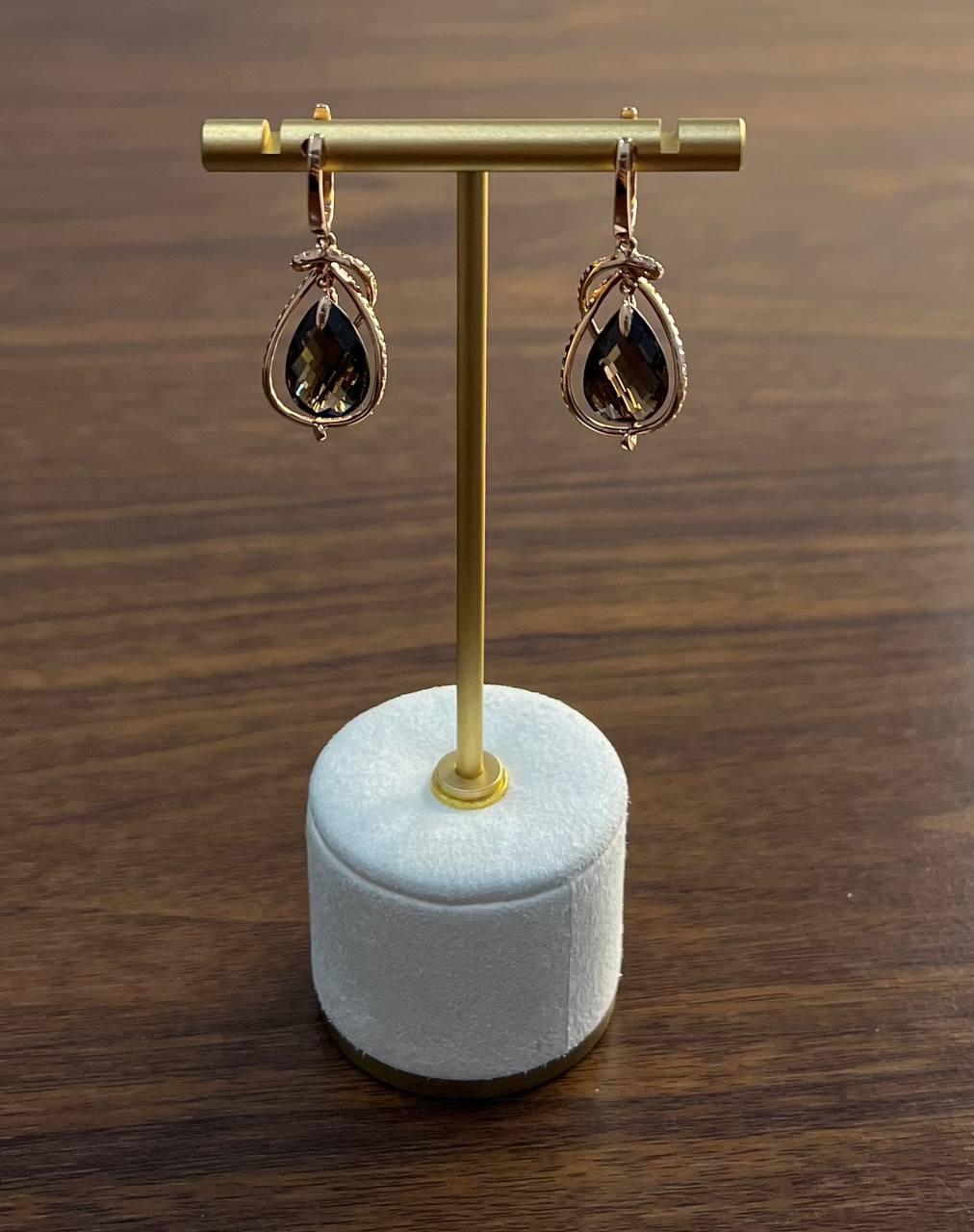 Brown Smoky Quartz Tear Pear Drop Shape Diamond Spiral 14K Rose Gold Earrings