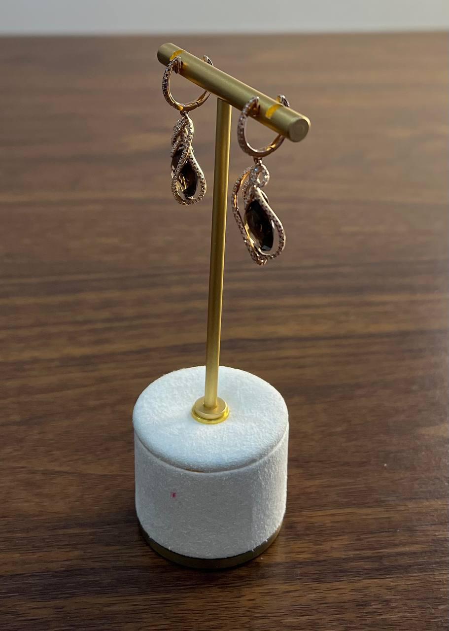 Brown Smoky Quartz Tear Pear Drop Shape Diamond Spiral 14K Rose Gold Earrings