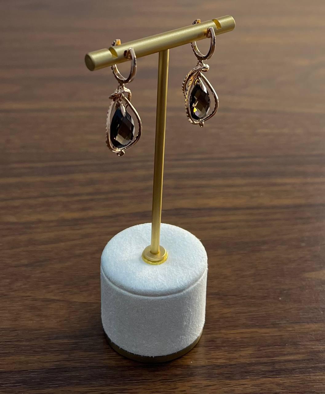 Brown Smoky Quartz Tear Pear Drop Shape Diamond Spiral 14K Rose Gold Earrings