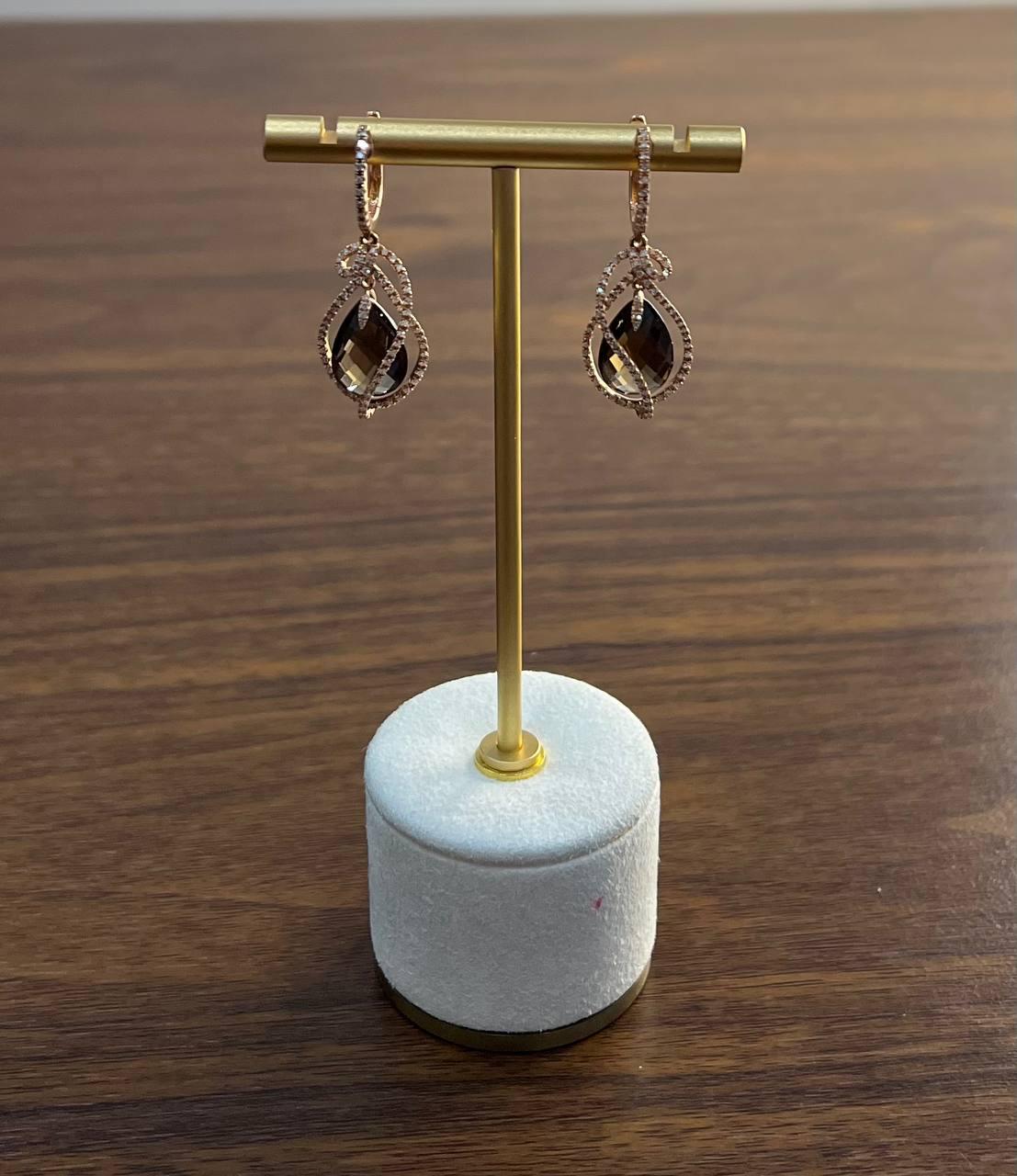 Brown Smoky Quartz Tear Pear Drop Shape Diamond Spiral 14K Rose Gold Earrings