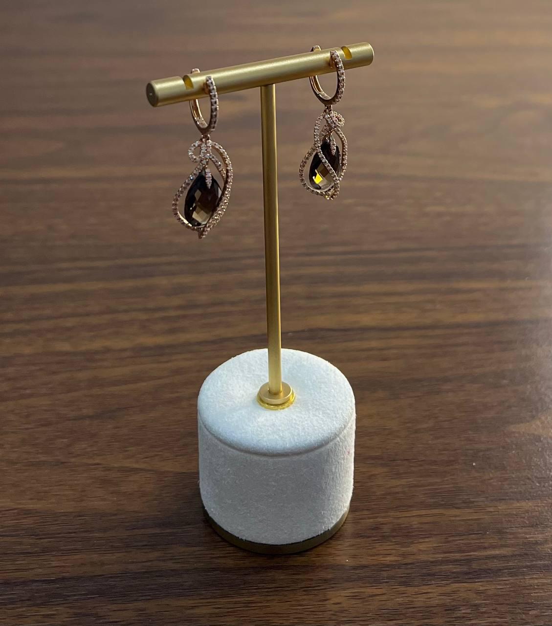 Brown Smoky Quartz Tear Pear Drop Shape Diamond Spiral 14K Rose Gold Earrings