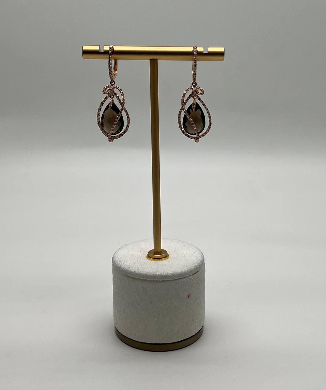 Brown Smoky Quartz Tear Pear Drop Shape Diamond Spiral 14K Rose Gold Earrings