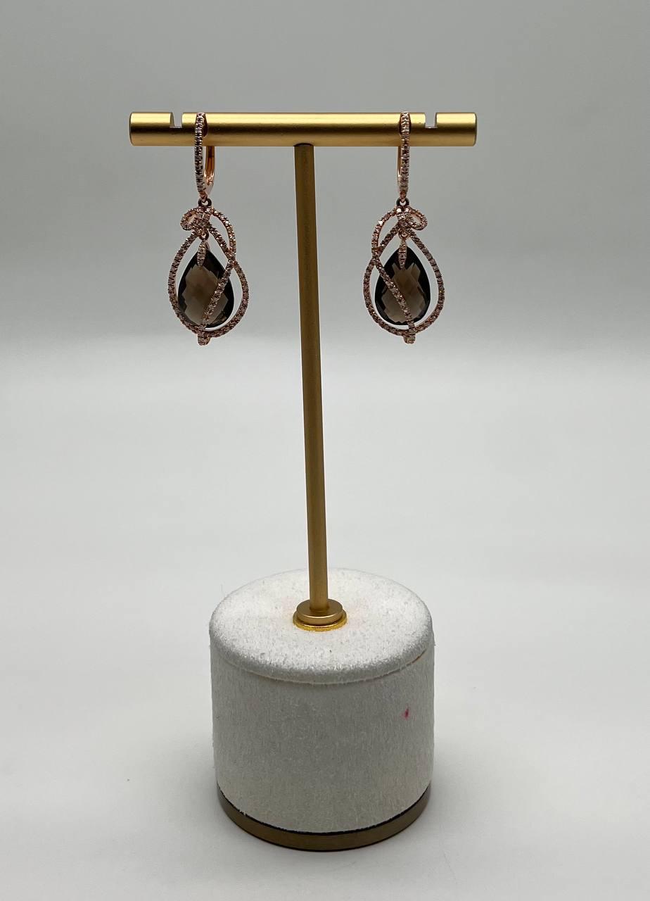 Brown Smoky Quartz Tear Pear Drop Shape Diamond Spiral 14K Rose Gold Earrings