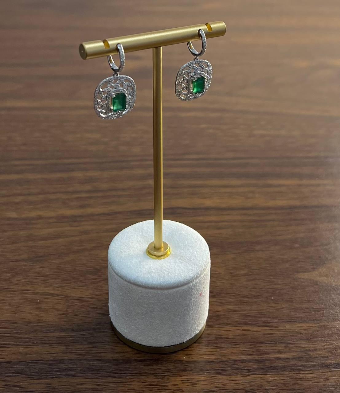 Green Emerald Diamond Lattice Halo 14K White Gold Statement Drop Earrings