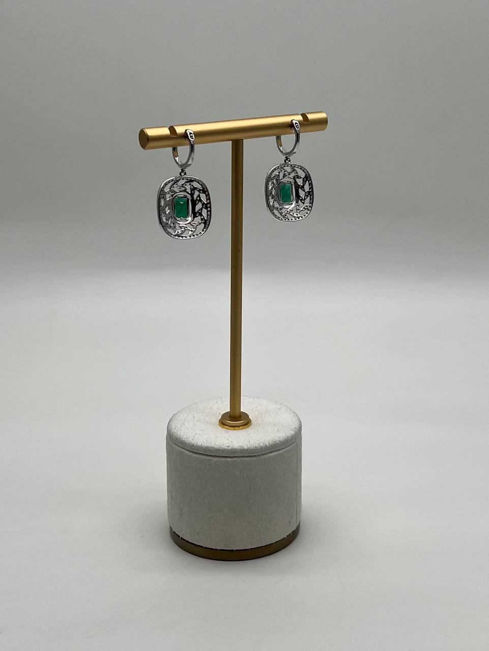 Green Emerald Diamond Lattice Halo 14K White Gold Statement Drop Earrings